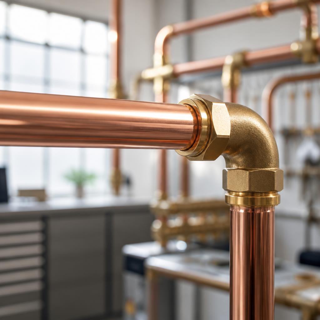 Polished copper plumbing pipe with brass fittings